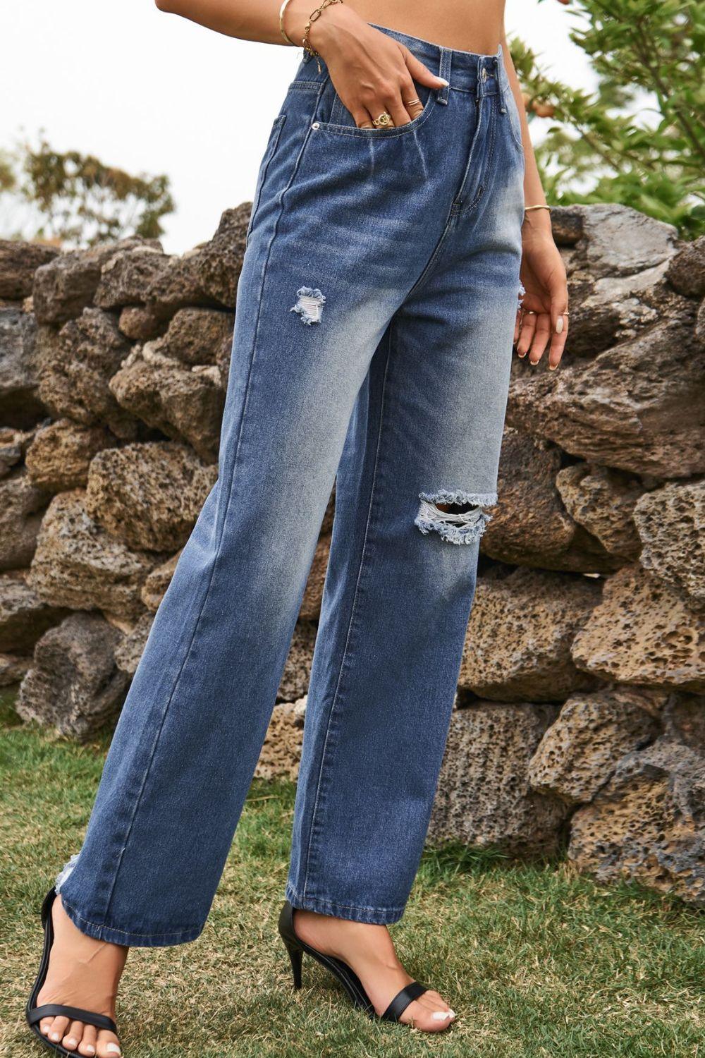 Distressed Buttoned Loose Fit Jeans Carauana Store