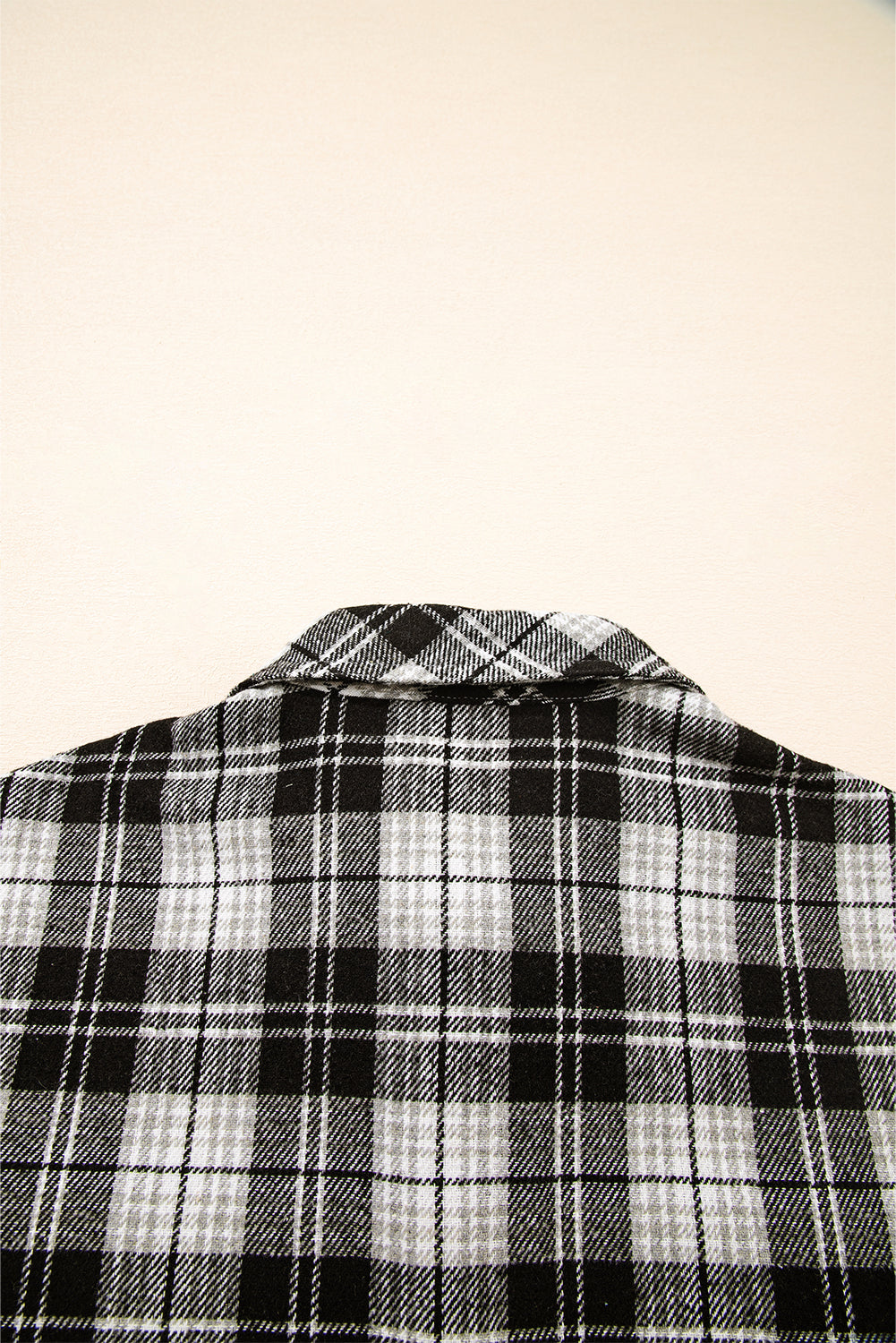 Black Plaid Print Chest Pockets Buttoned Shirt