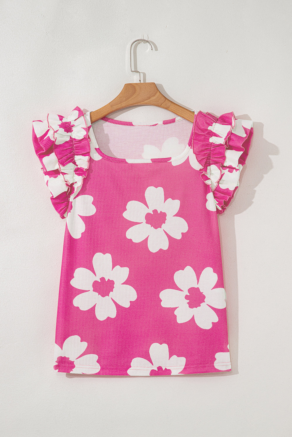 Pink Floral Textured Ruffled Short Sleeve Square Neck Blouse