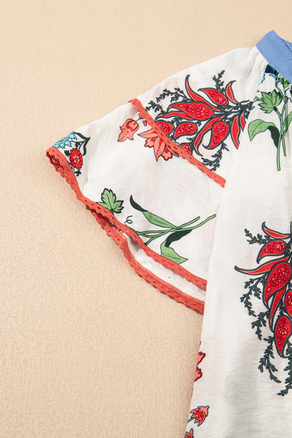 White Floral Print Contrast V Neck Tassel Tie Lace Detail Short Sleeve Blouse