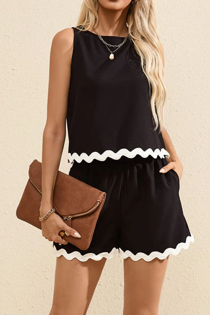 Ricrac Trim Tank Top and Elastic Waist Shorts Set Carauana Store