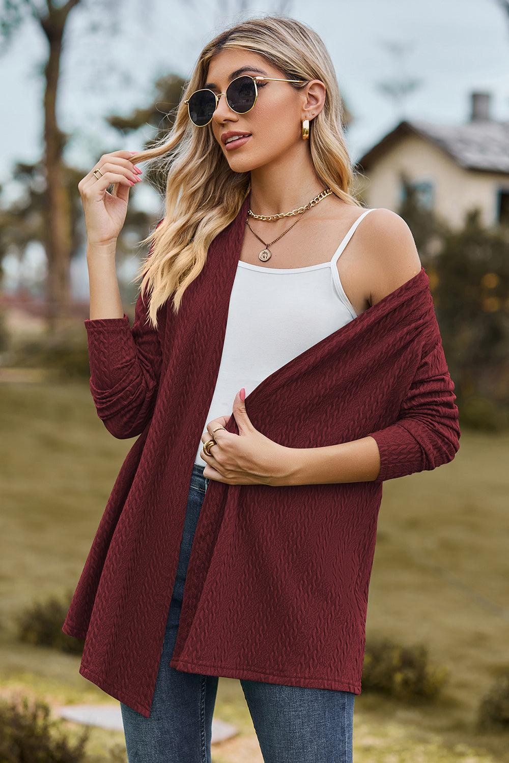 Textured Open Front Long Sleeve Cardigan Carauana Store