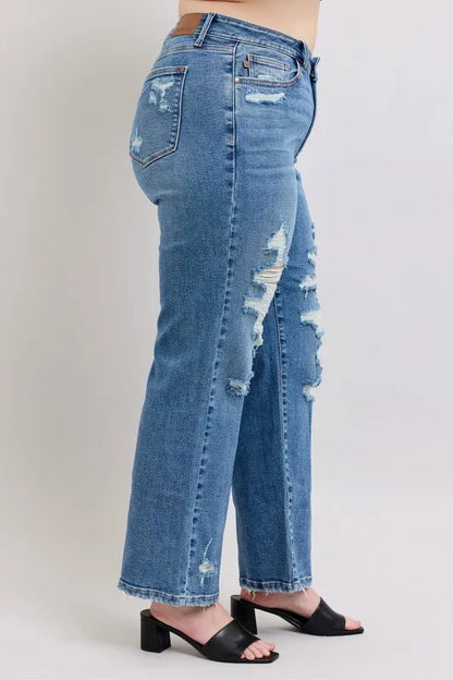 Judy Blue Full Size High Waist Heavy Destroy Straight Jeans Plus Size Carauana Store