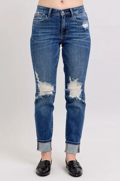 Judy Blue Full Size Mid Rise Boyfriend destroy Jeans with Yoke Pockets and Faux Selvedge Cuff Plus Size Carauana Store