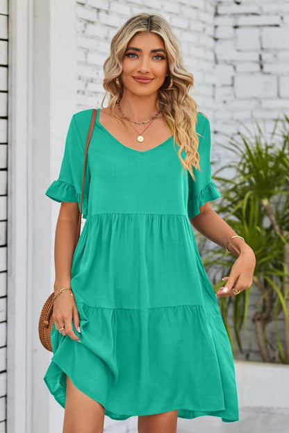 V-Neck Flounce Sleeve Tiered Dress Carauana Store