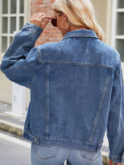 Pocketed Collared Neck Denim Jacket Carauana Store