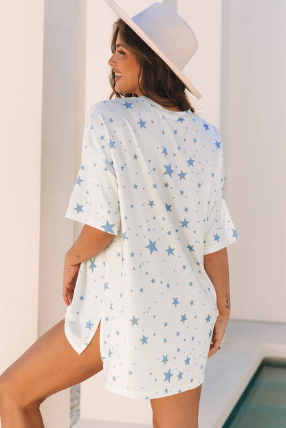 Sky Blue Stars Print Drop Shoulder Oversized T Shirt with Slits