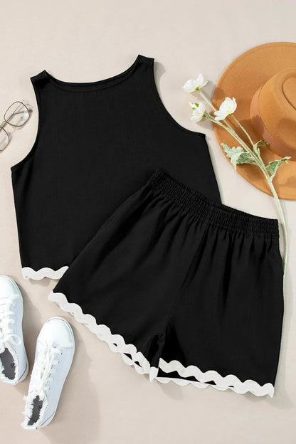 Ricrac Trim Tank Top and Elastic Waist Shorts Set Carauana Store