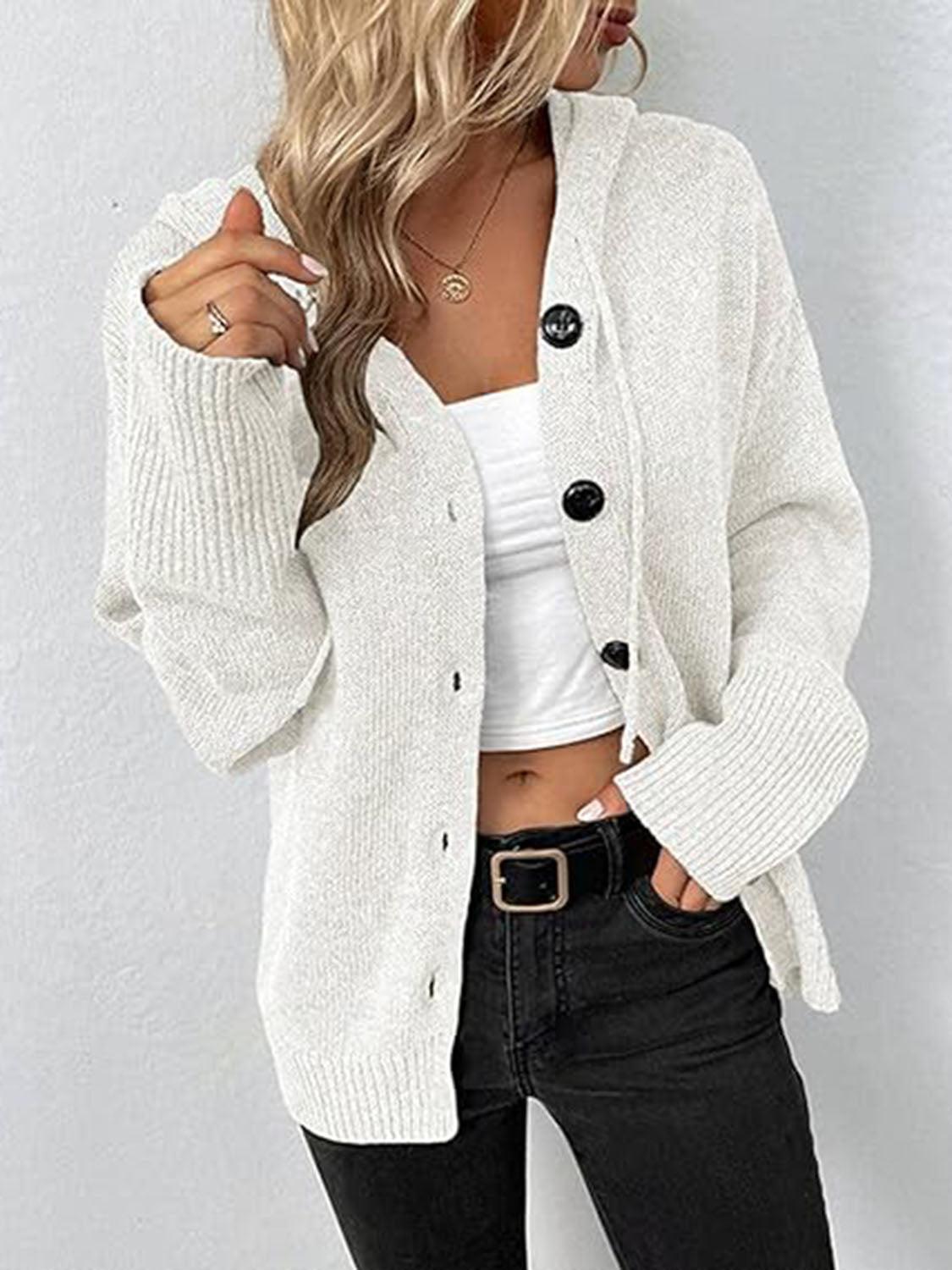 Button Up Drawstring Long Sleeve Hooded Cardigan Carauana Store