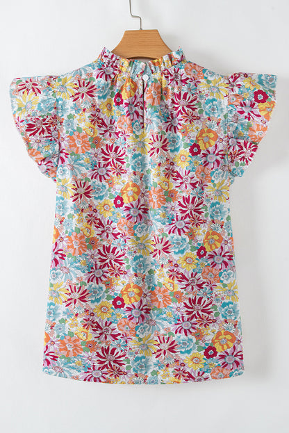 Multicolour Floral Pleated Detail Flutter Sleeve Blouse