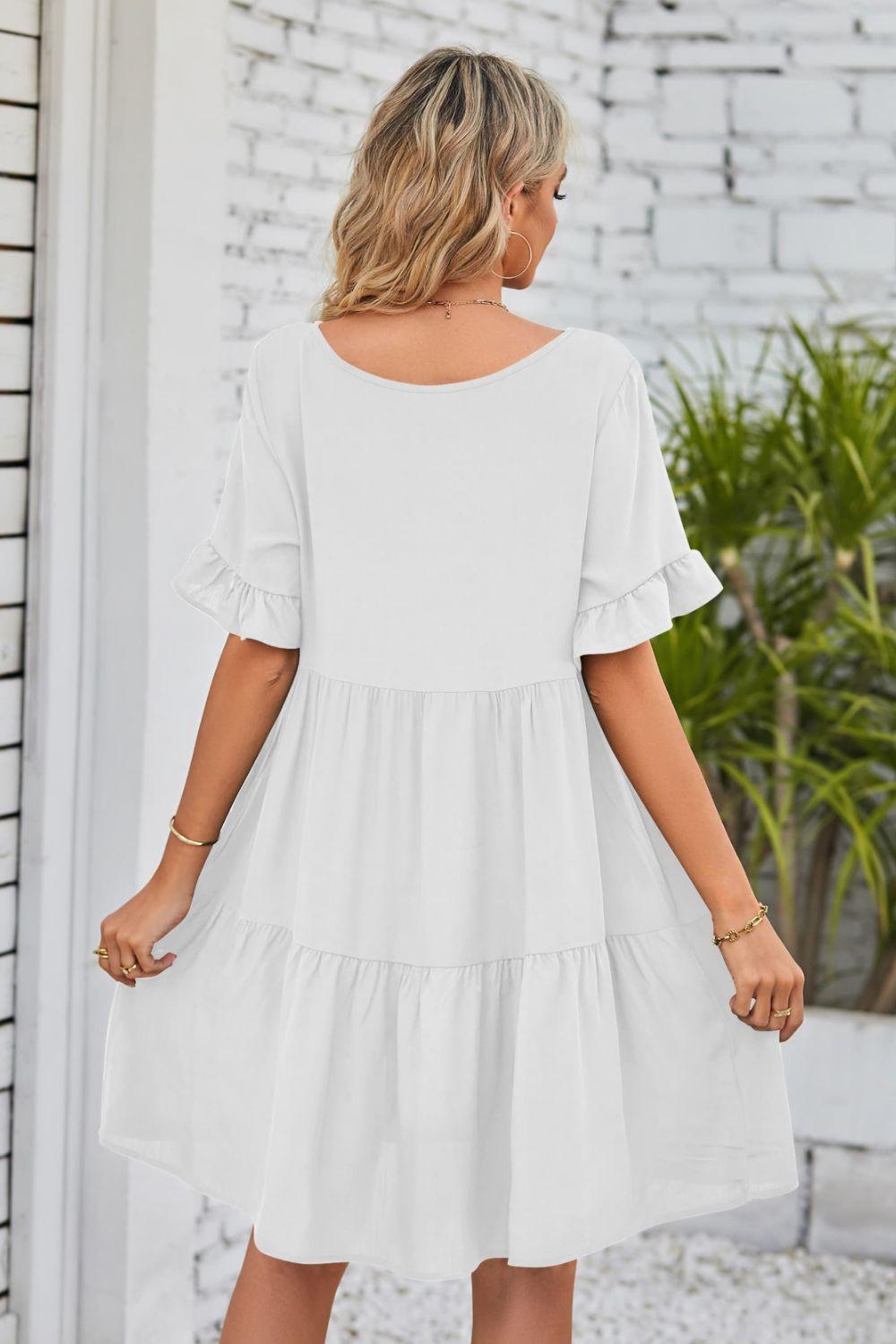 V-Neck Flounce Sleeve Tiered Dress Carauana Store