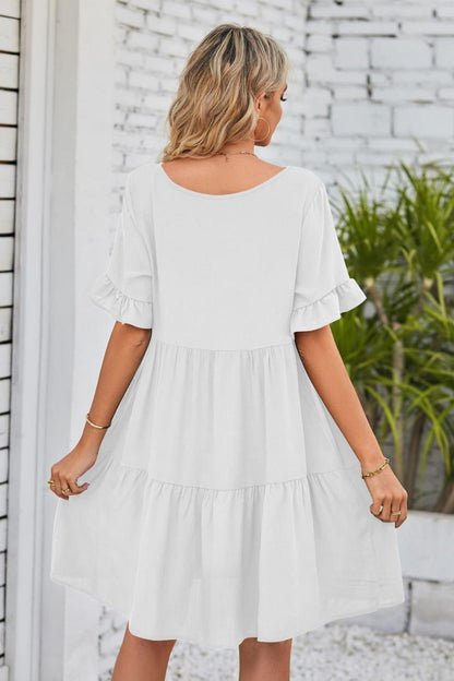 V-Neck Flounce Sleeve Tiered Dress Carauana Store