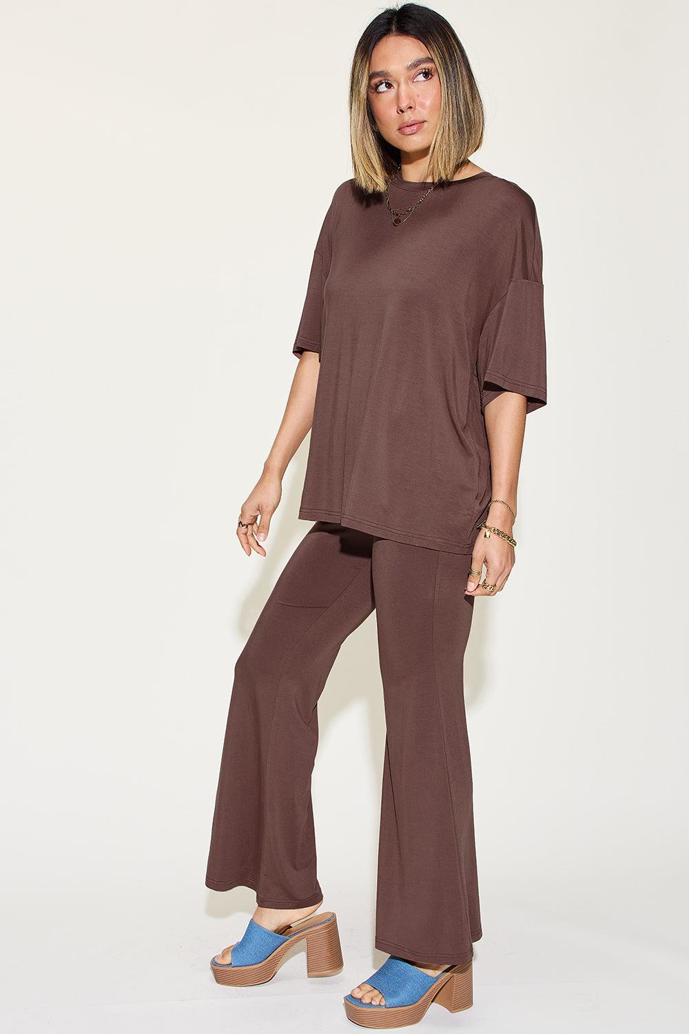 Basic Bae Full Size Bamboo Drop Shoulder T-Shirt and Flare Pants Set Carauana Store