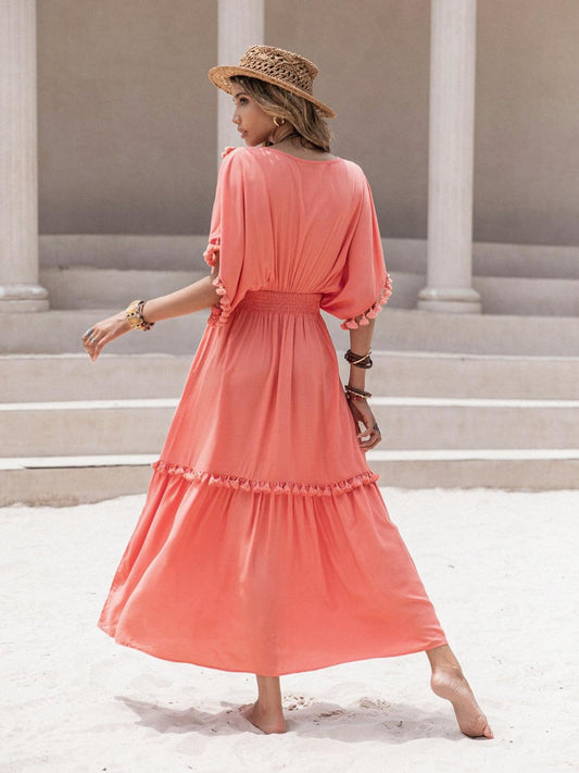 Tassel Trim Smocked V-Neck Short Sleeve Dress Carauana Store