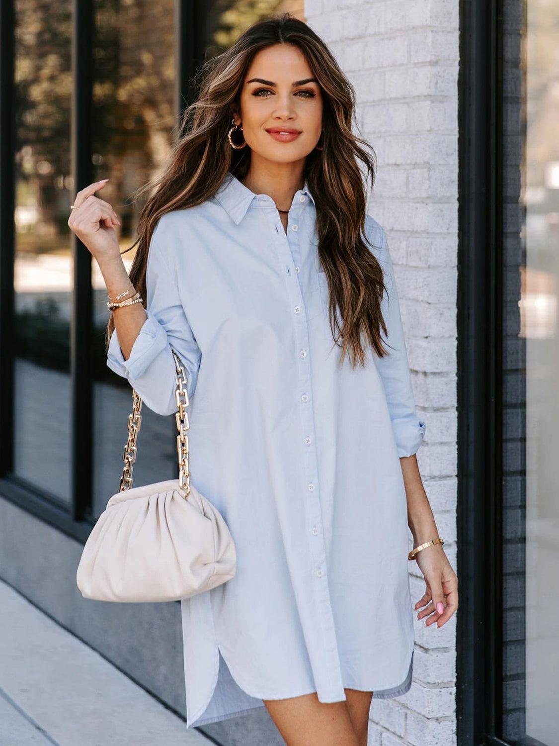 Button Up Collared Neck Long Sleeve Shirt Dress Carauana Store