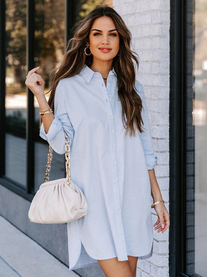 Button Up Collared Neck Long Sleeve Shirt Dress Carauana Store