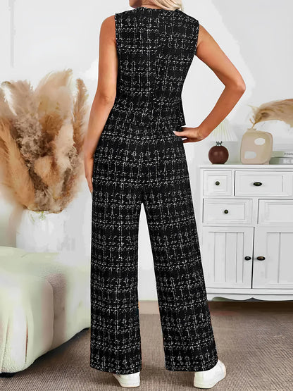 Plaid V-Neck Button Up Vest and Pants Set Carauana Store