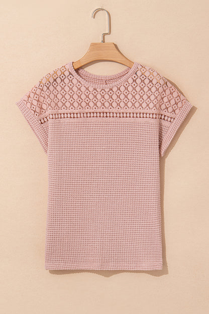 Light Pink Lace Patchwork Waffle Short Sleeve Top