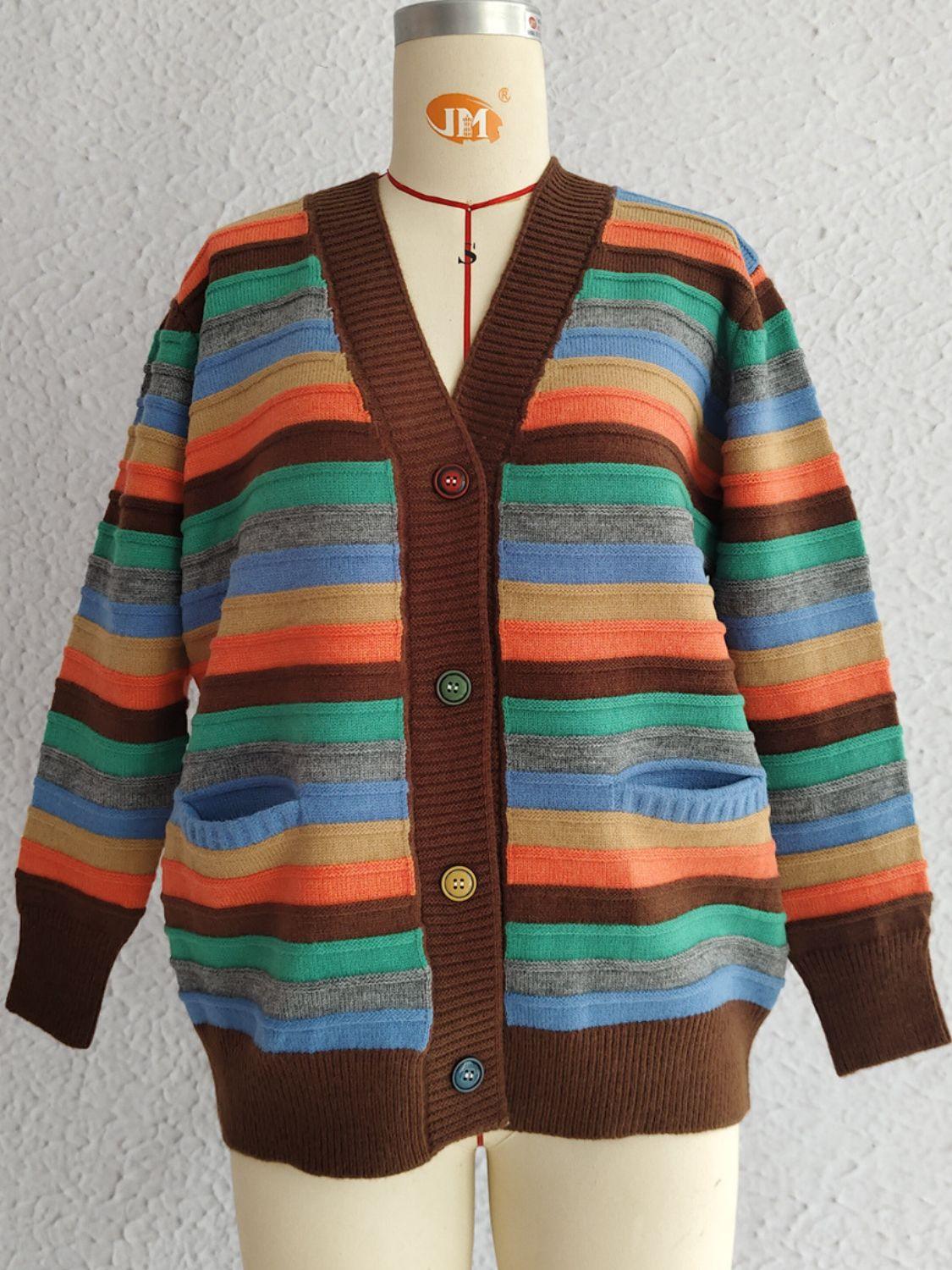 Contrast Stripes Button Up Long Sleeve Cardigan Carauana Store