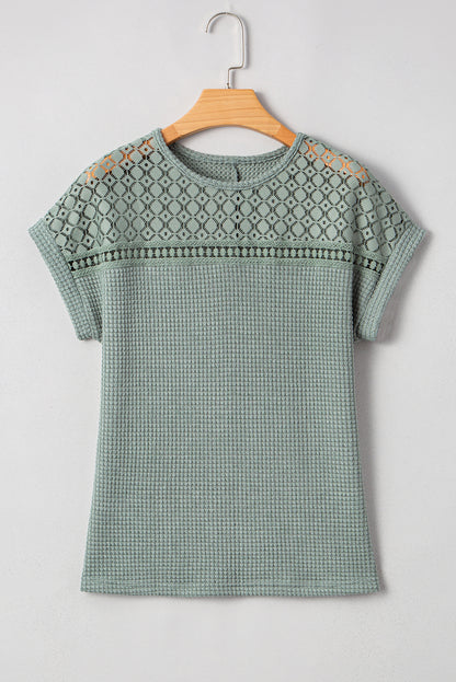 Mist Green Lace Patchwork Waffle Short Sleeve Top
