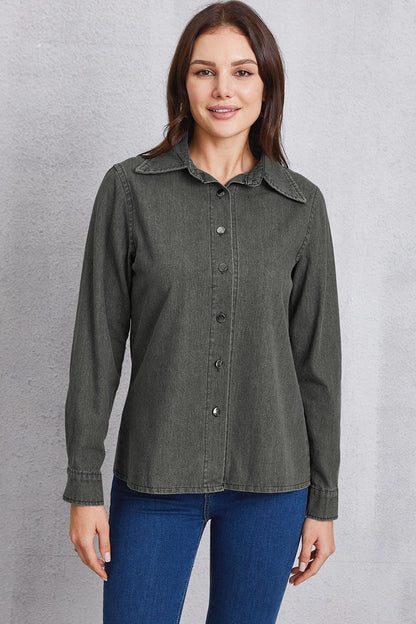 Collared Neck Button Up Denim Top Carauana Store