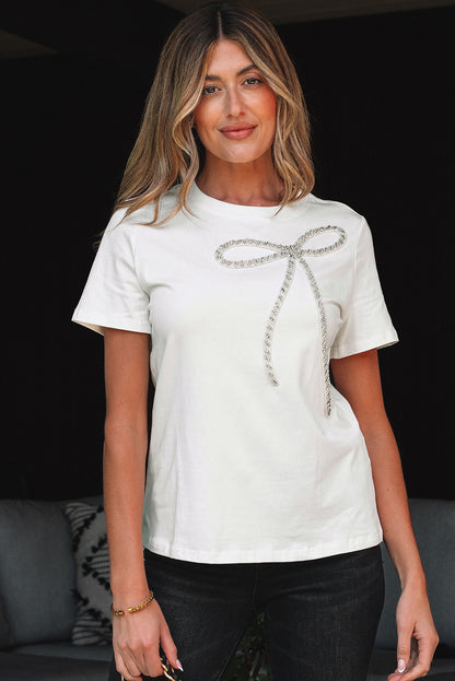 White Rhinestone Bow Embellished Round Neck Tee