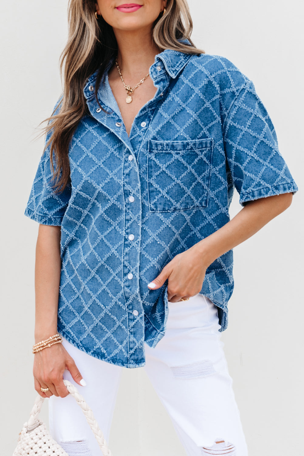 Dusk Blue Checkered Textured Short Sleeve Patched Pocket Denim Shirt