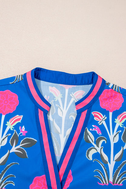 Blue Floral Print Contrast Striped Trim Notched Neck Long Sleeve Blouse