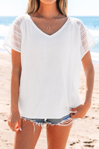 White Lace Crochet Textured Button Back V Neck T Shirt