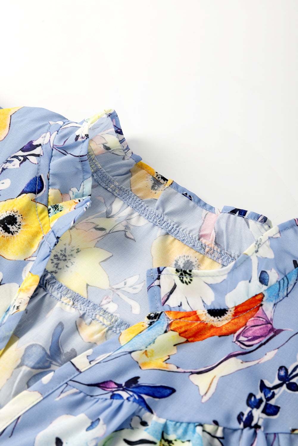 Sky Blue Flutter Sleeve V Neck Floral Top