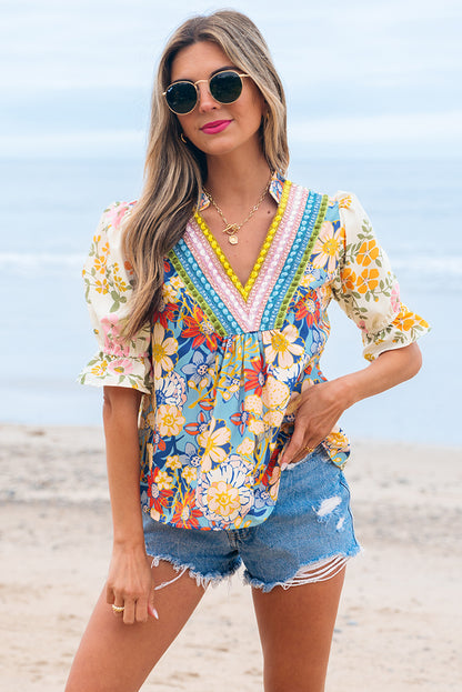 Multicolour Crochet V Neck Half Sleeve Boho Floral Blouse