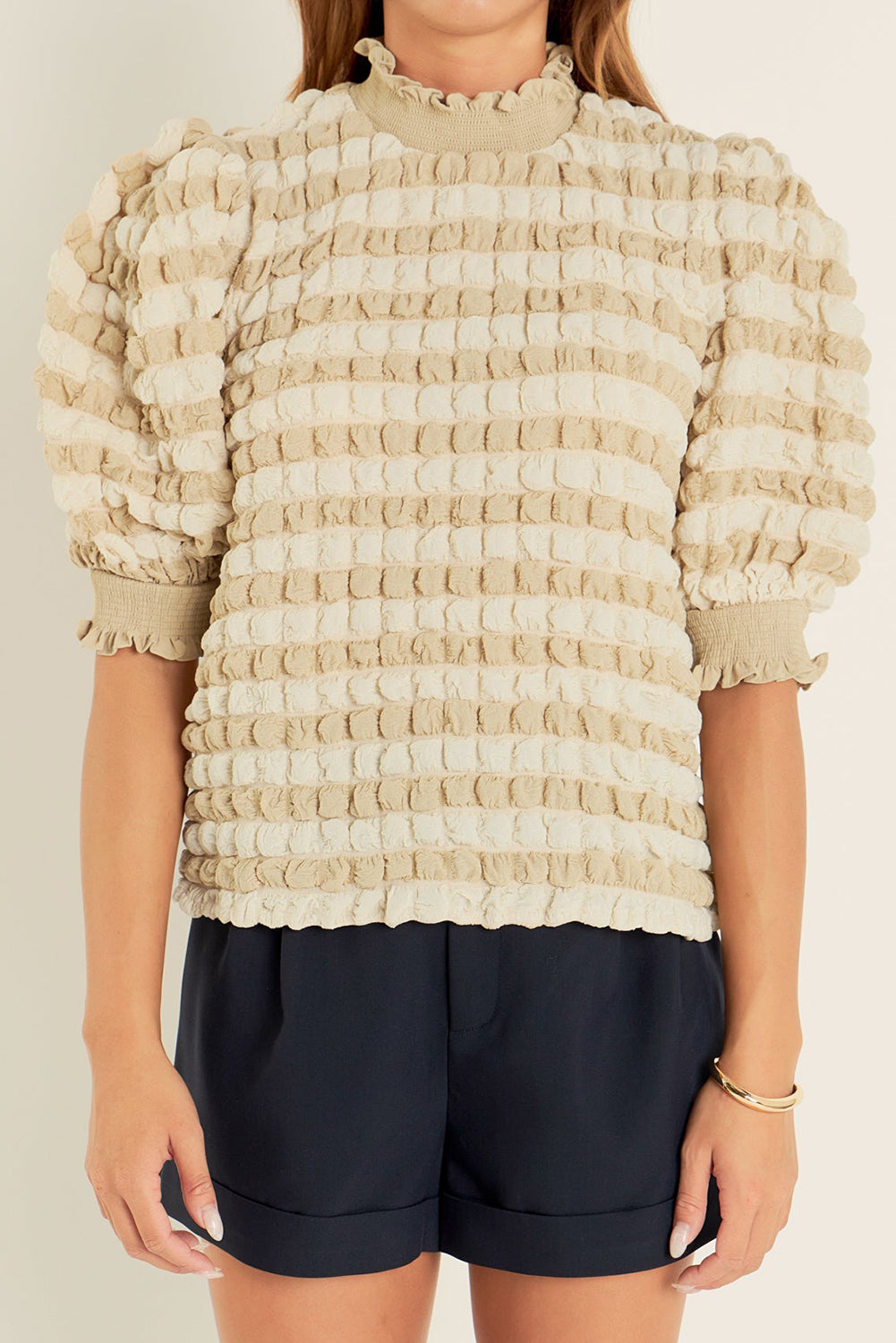 Beige Textured Mock Neck Short Sleeve Blouse