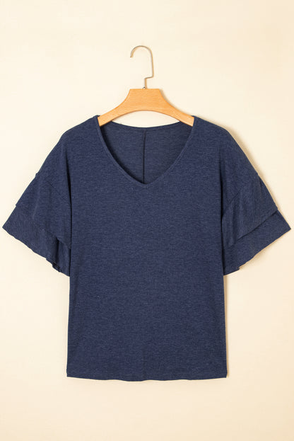 Sail Blue Solid Colour V-Neck Double Layer Sleeve Loose T-Shirt