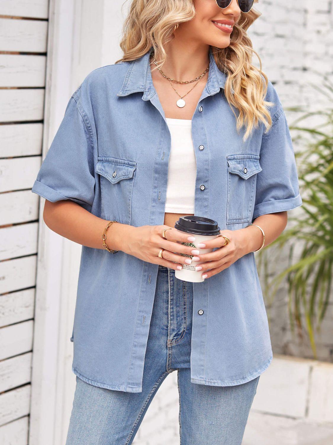 Collared Neck Short Sleeve Denim Jacket Carauana Store