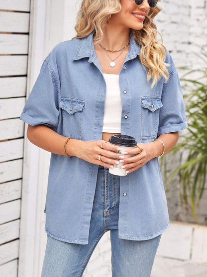 Collared Neck Short Sleeve Denim Jacket Carauana Store