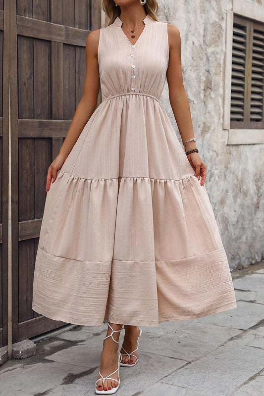 Decorative Button Notched Tiered Dress Carauana Store