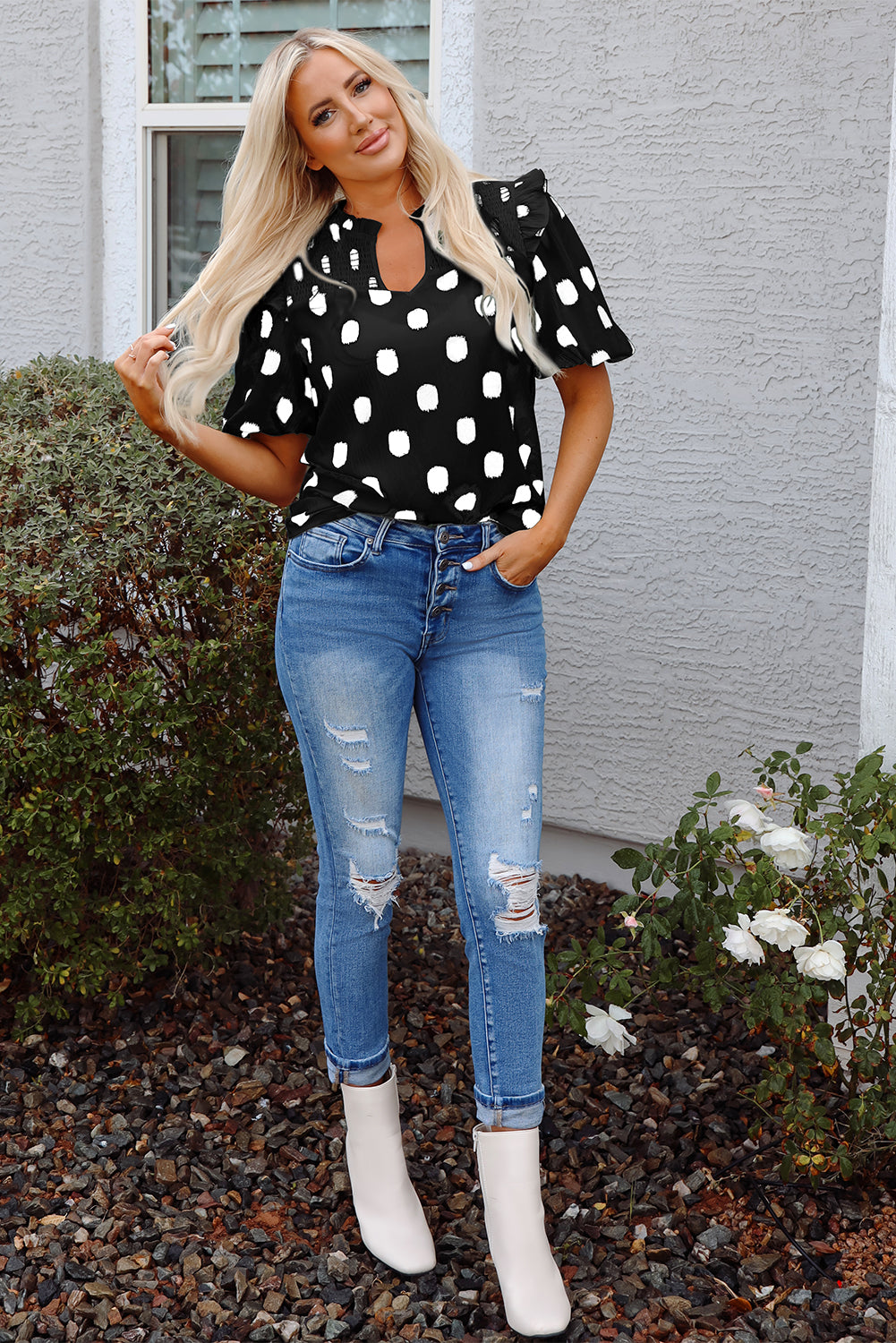 Black Polka Dot Print Shirred Yoke Notched Neck Balloon Sleeve Blouse