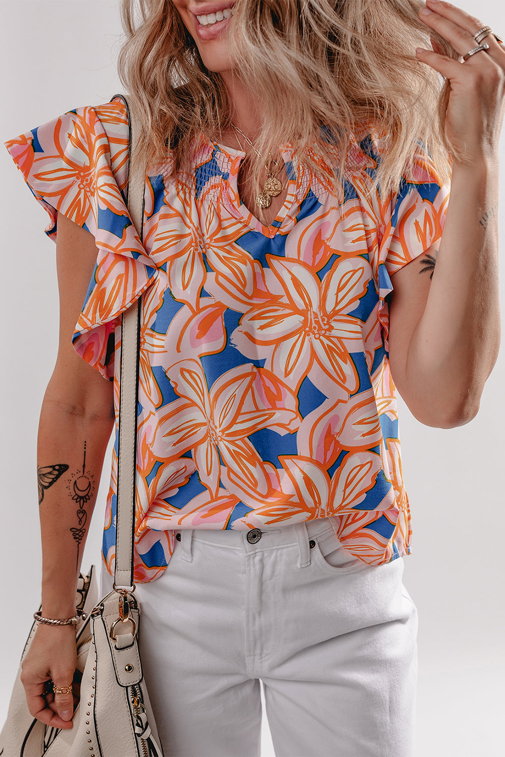 Orange Summer Flower Print Notched Neck Ruffle Sleeve Blouse