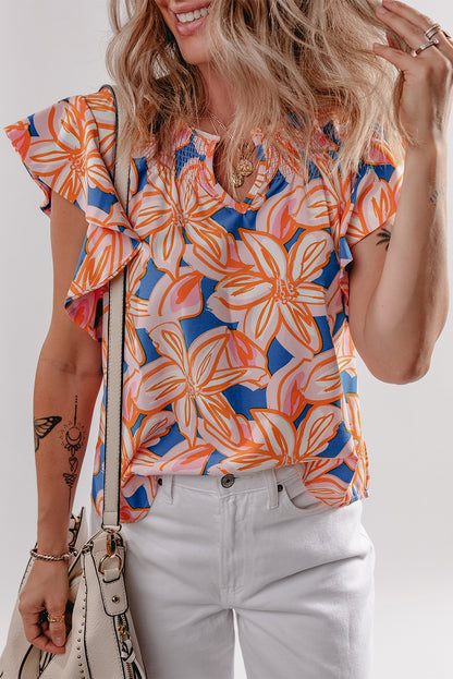 Orange Summer Flower Print Notched Neck Ruffle Sleeve Blouse