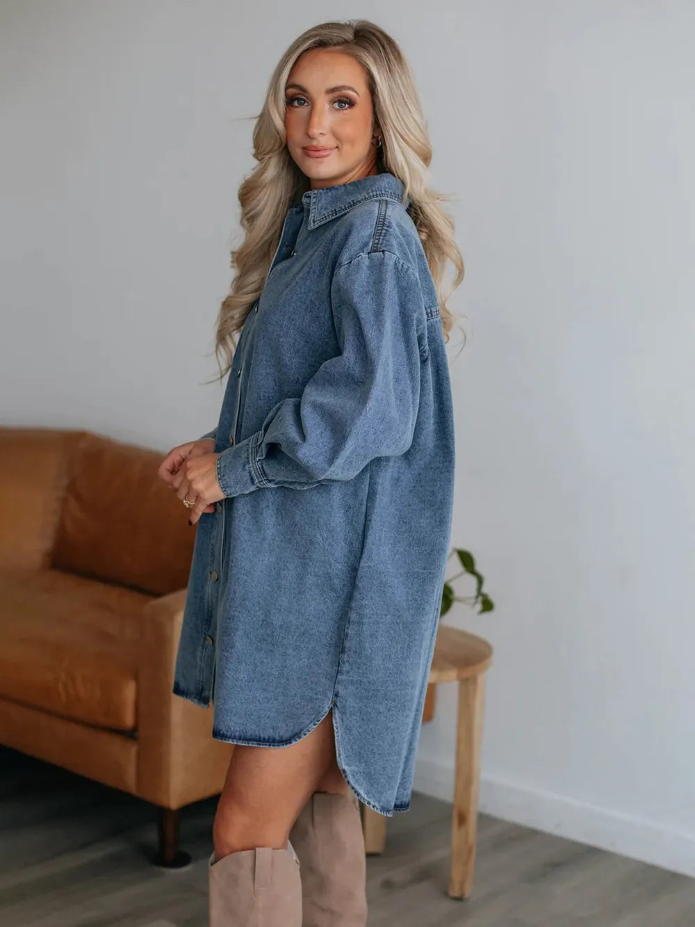Button Up Collared Neck Long Sleeve Denim Dress Carauana Store