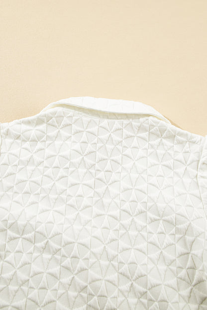 White Textured Puff Half Sleeve Collared V Neck Top