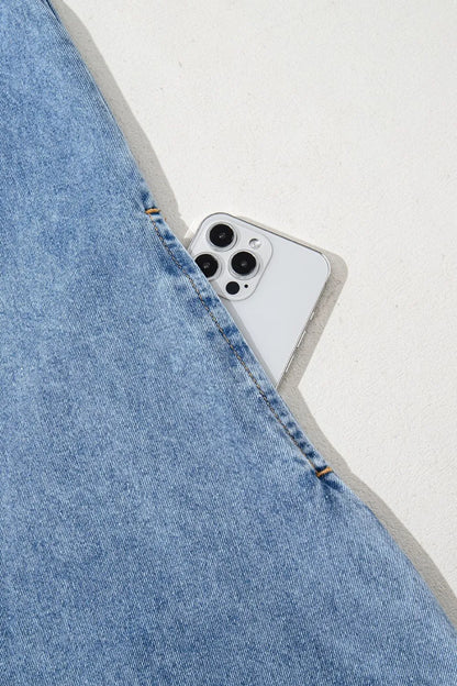 Short Sleeve Collared Patched Pocket Denim Mini Dress Carauana Store