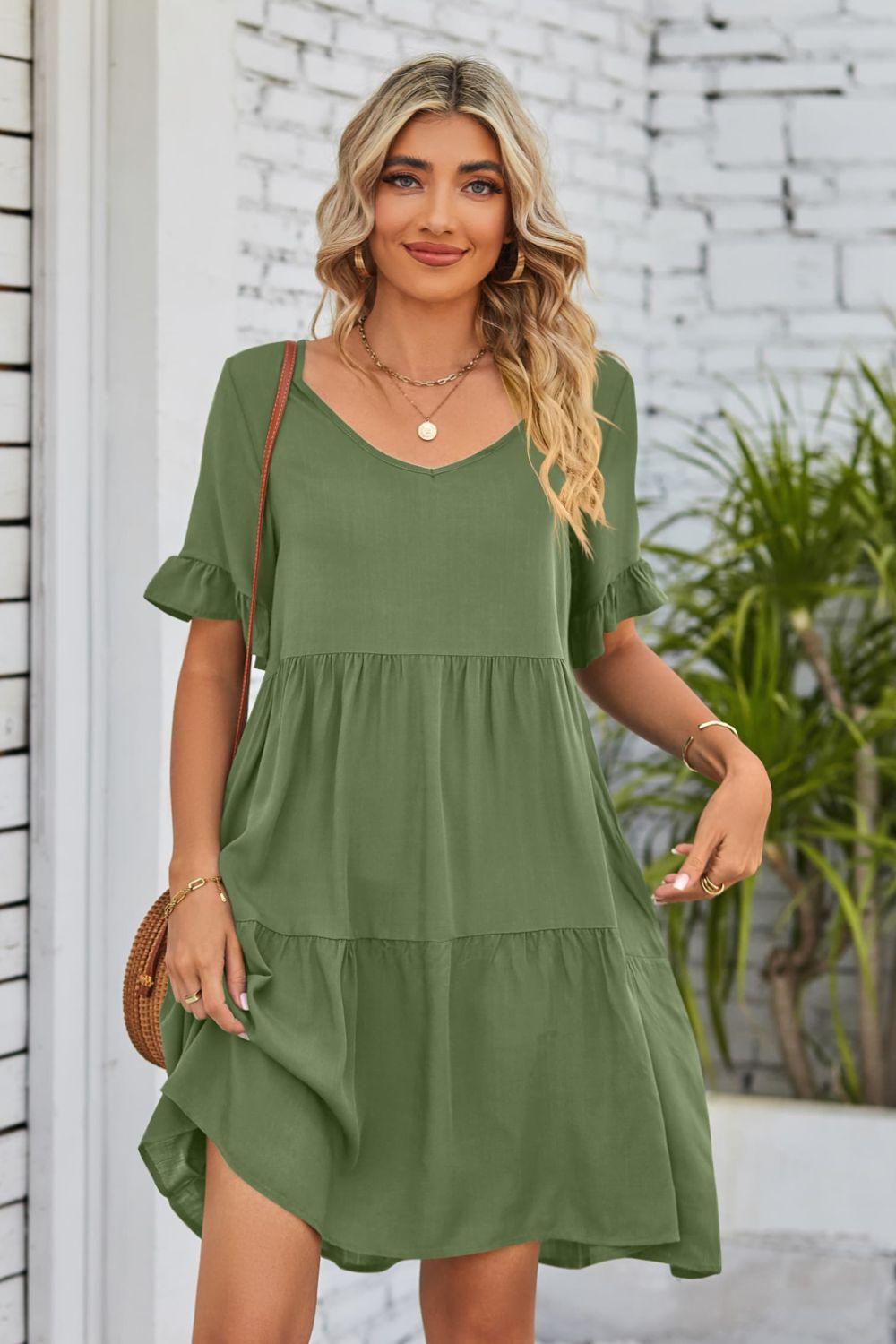 V-Neck Flounce Sleeve Tiered Dress Carauana Store