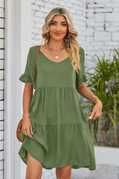 V-Neck Flounce Sleeve Tiered Dress Carauana Store