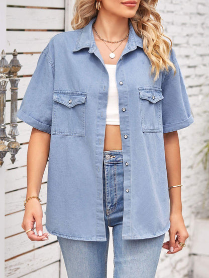 Collared Neck Short Sleeve Denim Jacket Carauana Store