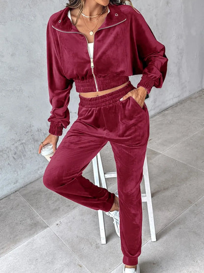 Zip Up Long Sleeve Cropped Top and Joggers Set Carauana Store