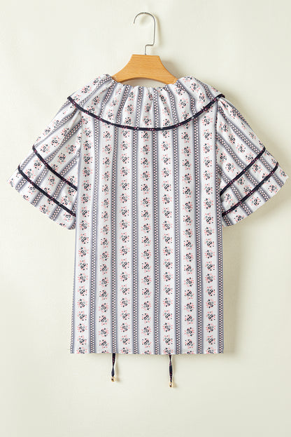 White Floral Ruffled Collar Short Puff Sleeve Printed Blouse