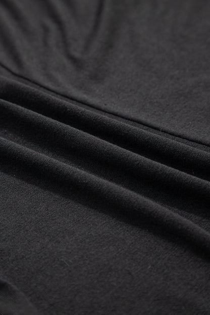 Black Solid Colour V-Neck Double Layer Sleeve Loose T-Shirt
