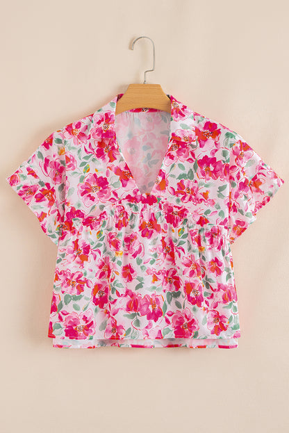 Pink Floral Boxy Fit Ruffled Short Sleeve V Neck Blouse