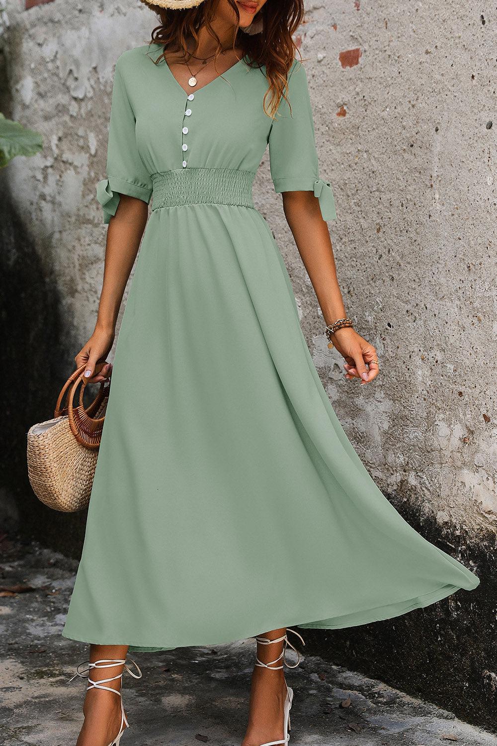 Smocked Quarter Button Short Sleeve Dress Carauana Store